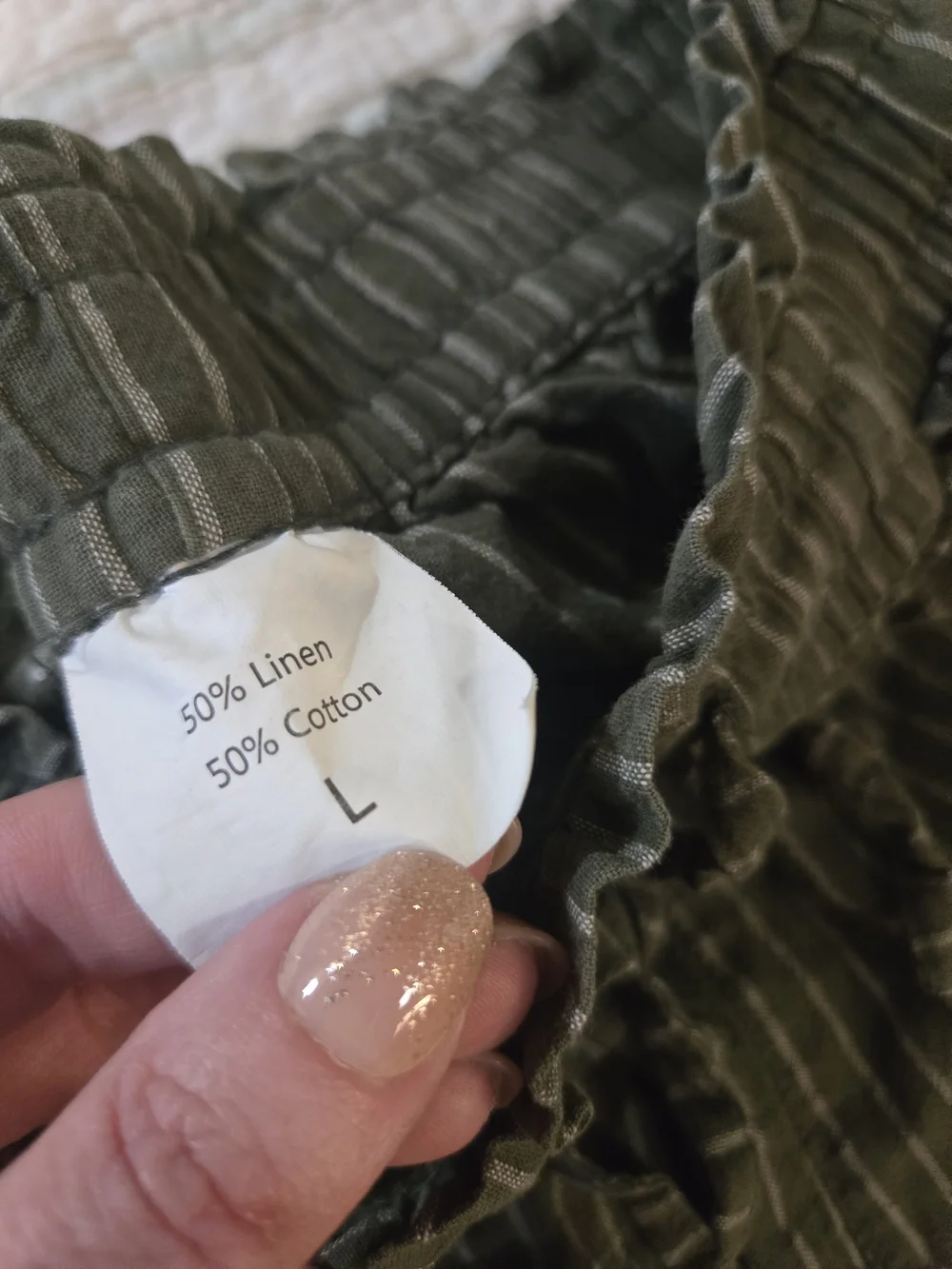 Olive Green Pinstripe Wide-Leg Loung Linen Blend Pants L - Picture 4 of 8